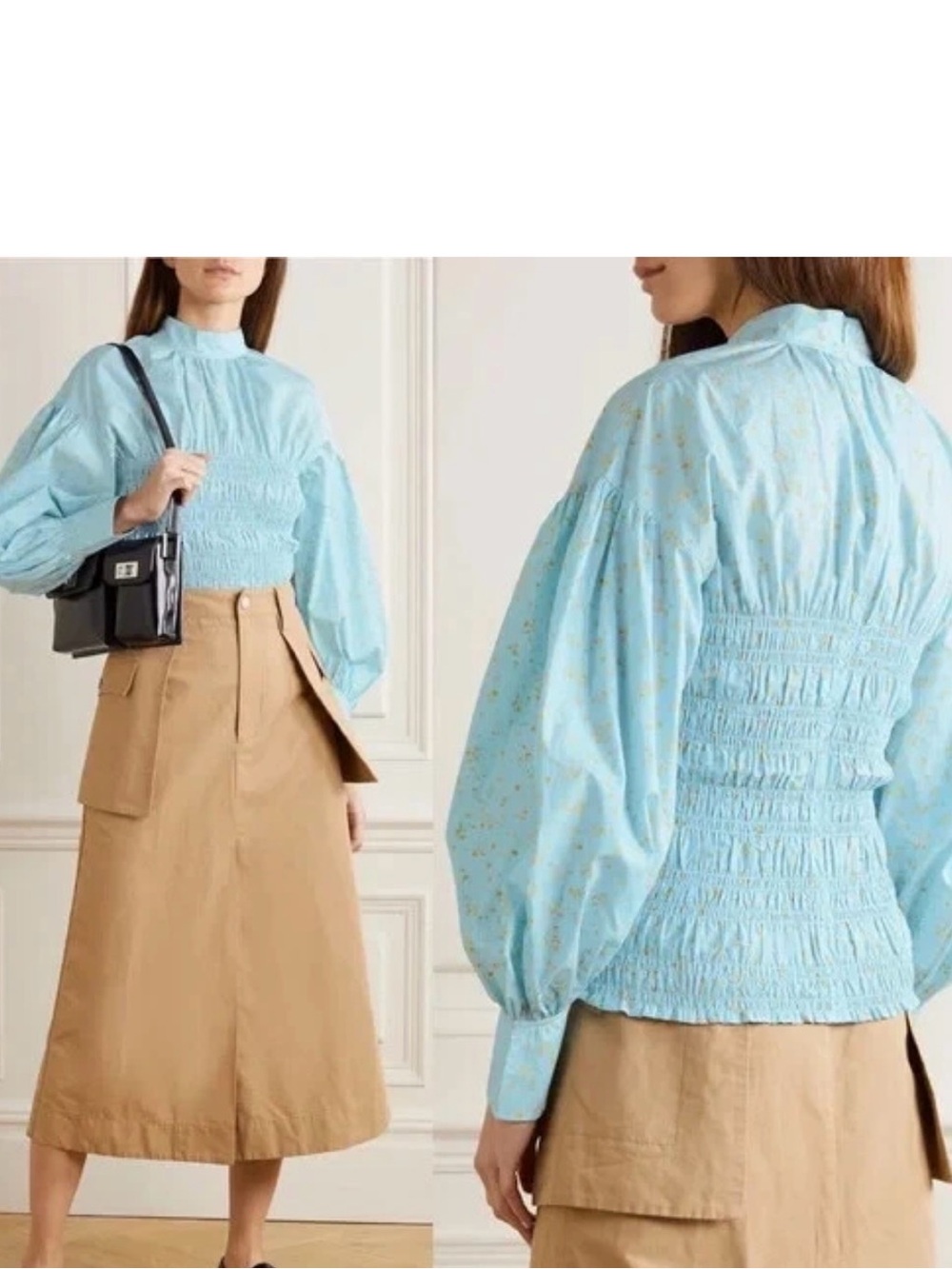 GANNI Shirred Floral Organic Cotton Puff-Sleeve Ruched Blouse SIZ 38